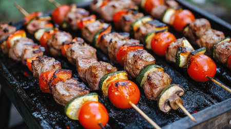 A vibrant summer BBQ with pork kebabs grilling on a pan, alongside skewers of cherry tomatoes, zucchini, and mushrooms.の素材
