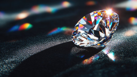 Close-up of a sparkling diamond resting on a black velvet surface, with light reflecting off its facets, creating a prism of colors.の素材