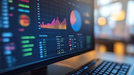 A close-up of a computer screen with a pie chart and line graph in a financial report, showing quarterly earnings and performance trends.の素材