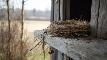 A dry bird nest on the ledge of an old wooden barn, the wind blowing through the scattered twigs, with a rural landscape in the background.の素材