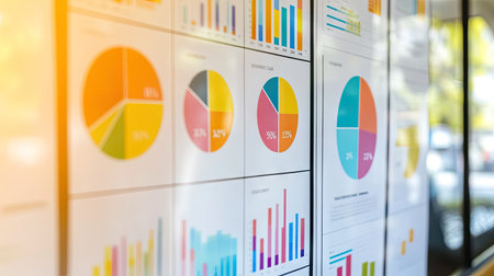 A colorful infographic with multiple pie charts and bar graphs, showcasing data analytics in a visually engaging format, presented on a whiteboard.の素材