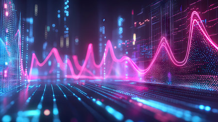 A futuristic holographic graph, floating in the air, displaying data trends in 3D with bright neon lines and glowing data points.の素材