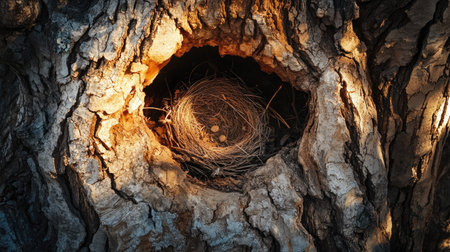 A dry bird nest inside a hollow tree trunk, with cracks in the bark and dappled sunlight streaming through, creating a peaceful nature scene.の素材