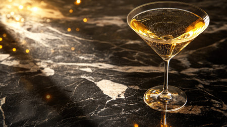 A glamorous setting featuring a martini glass filled with sparkling wine, placed on a black marble surface, with golden light catching the glass.の素材
