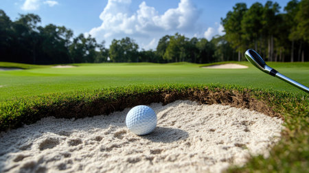 A golf ball in the sand trap next to a wedge club, ready to be chipped out onto the green, with the flag visible in the distance.の素材