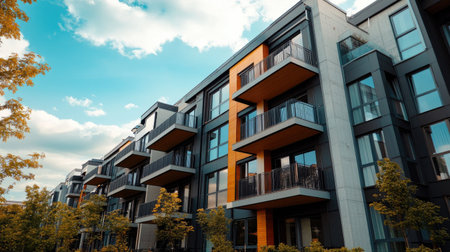 A freshly constructed apartment complex in a developing area, showing innovative architecture with sleek facades, open spaces, and a calm urban atmosphere.の素材