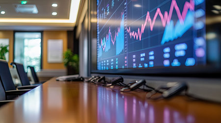 A large projection of a line graph in a corporate boardroom, showing rising trends in business growth, with sharp lines and colorful data points.の素材