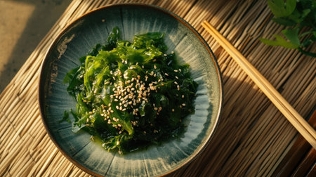 A plate of Wakame seaweed salad topped with sesame seeds and ginger, with chopsticks placed neatly beside the dish on a bamboo table.の素材