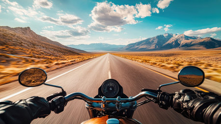 A motorcycle driver riding on a long, straight desert highway, endless road ahead, with mountains in the far distance under a vast sky.の素材