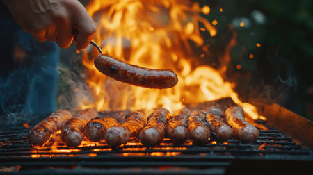 A mans hand flipping sausages over a grill, with the fire crackling and glowing beneath them, ready for a backyard barbecue.の素材