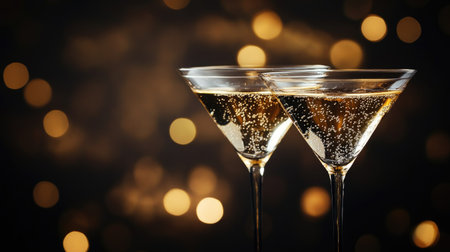 A pair of elegant martini glasses filled with sparkling wine, set against a dark, moody background with soft golden lighting reflecting off the glasses.の素材
