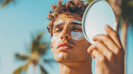 A person applying sunscreen to their face while looking in a mirror, with a focus on their clear, healthy skin.の素材