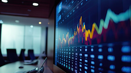 A large projection of a line graph in a corporate boardroom, showing rising trends in business growth, with sharp lines and colorful data points.の素材