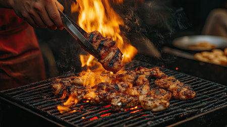 A mans hand using tongs to flip grilled chicken over a high flame, as the fire flares up, giving the food a perfect char.の素材