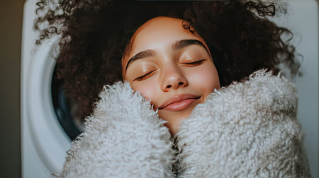 A person holding a fluffy shirt close to their face, eyes closed, smiling, and enjoying the fresh scent of the laundry.の素材