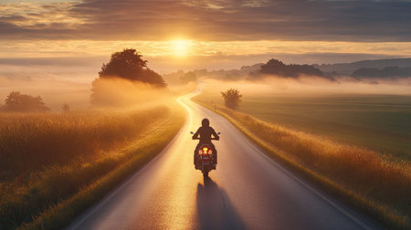 A motorcycle rider on an open road at dawn, with mist rising from the fields on either side and soft morning light illuminating the journey.の素材