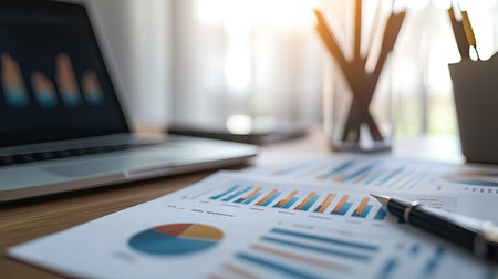 An office desk with printed financial reports, featuring bar graphs and pie charts showing profit and loss over several quarters, in a professional setting.の素材