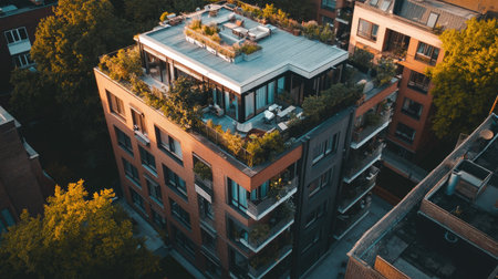 Aerial view of a newly constructed block of flats in an urban area, featuring multiple levels, balconies, and a rooftop terrace.の素材