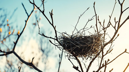An empty dry bird nest high in a bare tree, with no foliage around, silhouetted against a bright morning sky.の素材