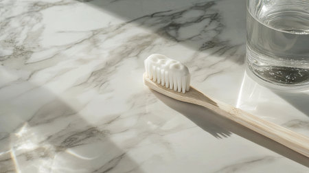 Toothbrush with a generous amount of toothpaste resting on a marble countertop with a glass of water beside it.の素材