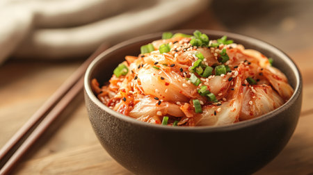 A bowl of homemade Korean kimchi made with napa cabbage, garnished with sesame seeds and green onions, sitting on a wooden table next to chopsticks.の素材