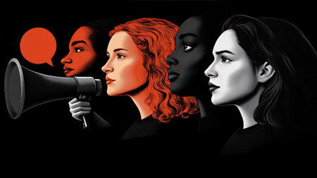 A creative collage featuring close-up shots of individuals holding loudspeakers, with sound waves and speech bubbles bursting from the megaphones.の素材