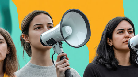 A collage of diverse faces, each person holding a megaphone to proclaim different ideas, set against a colorful urban backdrop.の素材