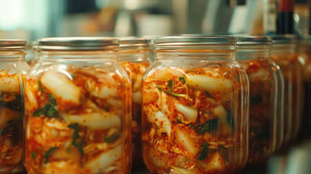 A close-up of kimchi being packed into glass jars, with cabbage pieces coated in spicy gochugaru paste, ready for fermentation in a Korean home kitchen.の素材