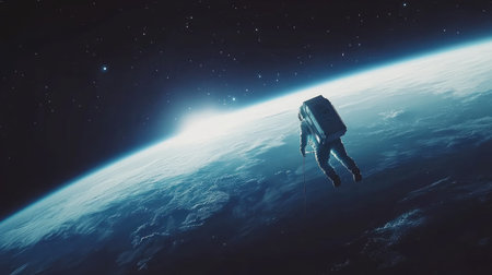A lone astronaut floating in space, tethered to a spacecraft, with Earths surface visible far below, showcasing the vastness of space and the beauty of the planet.の素材