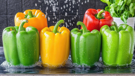 A close-up of colorful bell peppers being dropped into a bowl of water, with ripples and water droplets flying upward.の素材