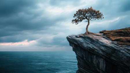 A lone tree on a cliffside, with its roots grasping the rocky terrain for stability, defying gravity and symbolizing resilience.の素材