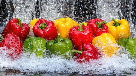 A group of bell peppers being dropped into water, with bubbles and splashes highlighting the freshness and crispness of the vegetables.の素材