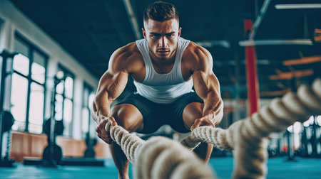 A fit athlete performing battle rope exercises, creating large ripples in the ropes, with determination on their face as they train in a modern gym.の素材