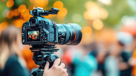 A large digital video camera with multiple lenses and accessories, set up for a commercial production shoot.の素材