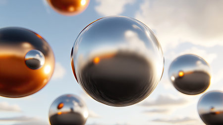 A dynamic scene of spheres made of different materials--glass, rubber, metal--colliding and scattering across a colorful landscape.の素材