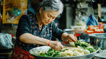 A Korean grandmother carefully preparing cabbage kimchi in a large bowl, showing the cultural tradition of making this iconic dish for family gatherings.の素材