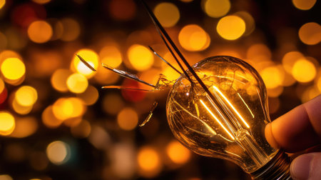 A hand holding a broken incandescent bulb, with an LED bulb in the background, ready to be installed in a modern fixture.の素材