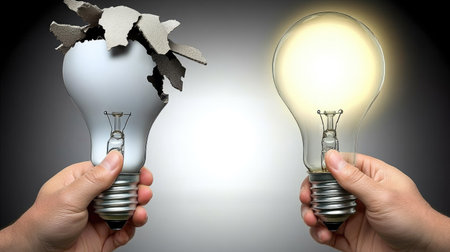 A person unscrewing a damaged bulb from a lamp, with an LED bulb glowing nearby, symbolizing sustainability and efficiency.の素材