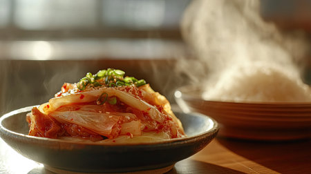 A serving of cabbage kimchi on a small ceramic dish, with steam rising from a bowl of hot rice in the background, highlighting the perfect pairing.の素材
