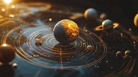 A solar system model showing Earth orbiting the Sun, with other planets in their orbits and distant stars twinkling in the background.の素材