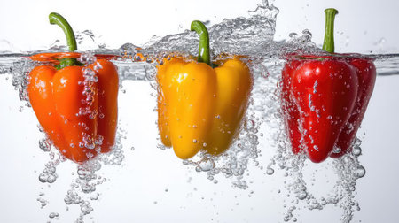 Colorful bell peppers submerged in water, surrounded by bubbles, as the washing process begins.の素材