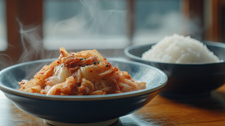 A serving of cabbage kimchi on a small ceramic dish, with steam rising from a bowl of hot rice in the background, highlighting the perfect pairing.の素材