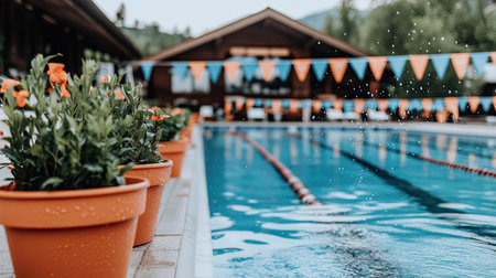 A swimmer breaking the surface of the pool, arms stretched forward, mid-stroke, with water droplets flying into the air.の素材