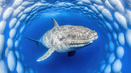 A sperm whale lying on the ocean surface, basking in the sunlight with its dorsal fin just visible above the water.の素材