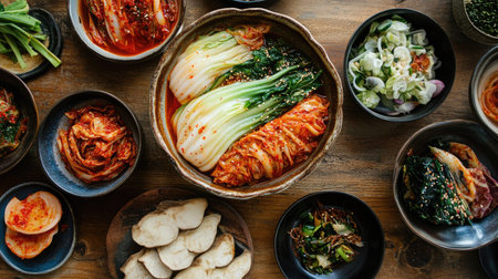 A vibrant bowl of kimchi made with cabbage, sitting next to other traditional Korean side dishes, all neatly arranged on a wooden table.の素材