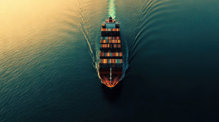 An aerial view of a container ship at sea, carrying hundreds of stacked containers across a calm, blue ocean.の素材