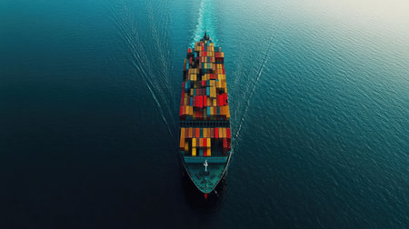 An aerial view of a container ship at sea, carrying hundreds of stacked containers across a calm, blue ocean.の素材