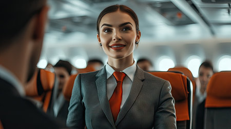 An air hostess demonstrating safety instructions to passengers, with focus on her friendly expression and professional uniform.の素材
