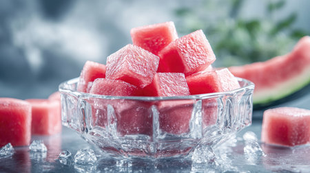 A vibrant arrangement of fresh watermelon cubes in a crystal bowl, placed on ice with slices in the background, showcasing the essence of summer and healthy snacking.の素材
