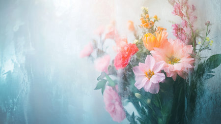 A stunning bouquet of soft pastel flowers is elegantly displayed behind a foggy glass, creating a dreamy and tranquil atmosphere with gentle colors and delicate details.の素材